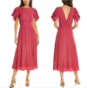 Ted Baker Tulipi Midi Tea Dress 6 Pink Puff Sleeve Jacquard V-Back Party NWT ~